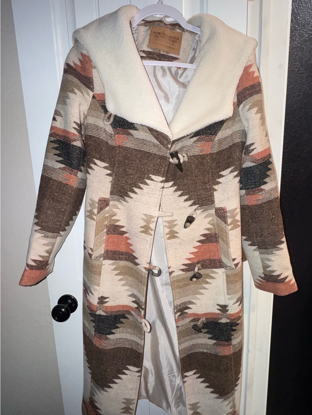 Powder River Outfitters Aztec Shawl-Collar Pea Coat in Cream & Brown